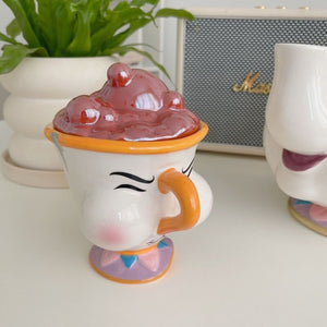 Cartoon Anime Beauty And The Beast Mug Creative 3D Chip Ceramic Cup Large Capacity Kawaii Chip Statue Coffee Mug With Lid Decor acacuss