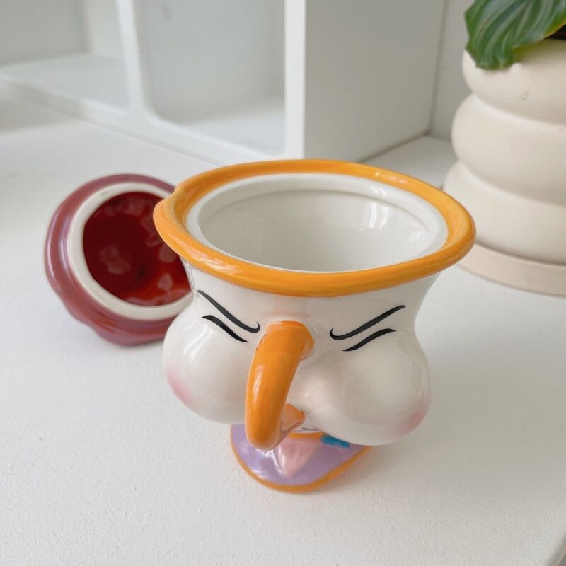 Cartoon Anime Beauty And The Beast Mug Creative 3D Chip Ceramic Cup Large Capacity Kawaii Chip Statue Coffee Mug With Lid Decor