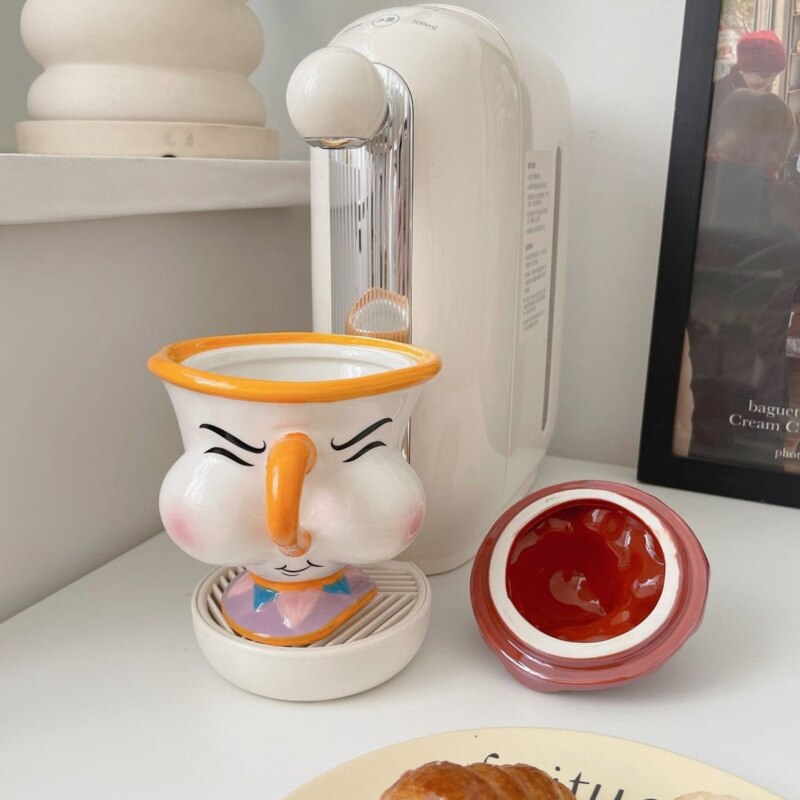 Cartoon Anime Beauty And The Beast Mug Creative 3D Chip Ceramic Cup Large Capacity Kawaii Chip Statue Coffee Mug With Lid Decor acacuss