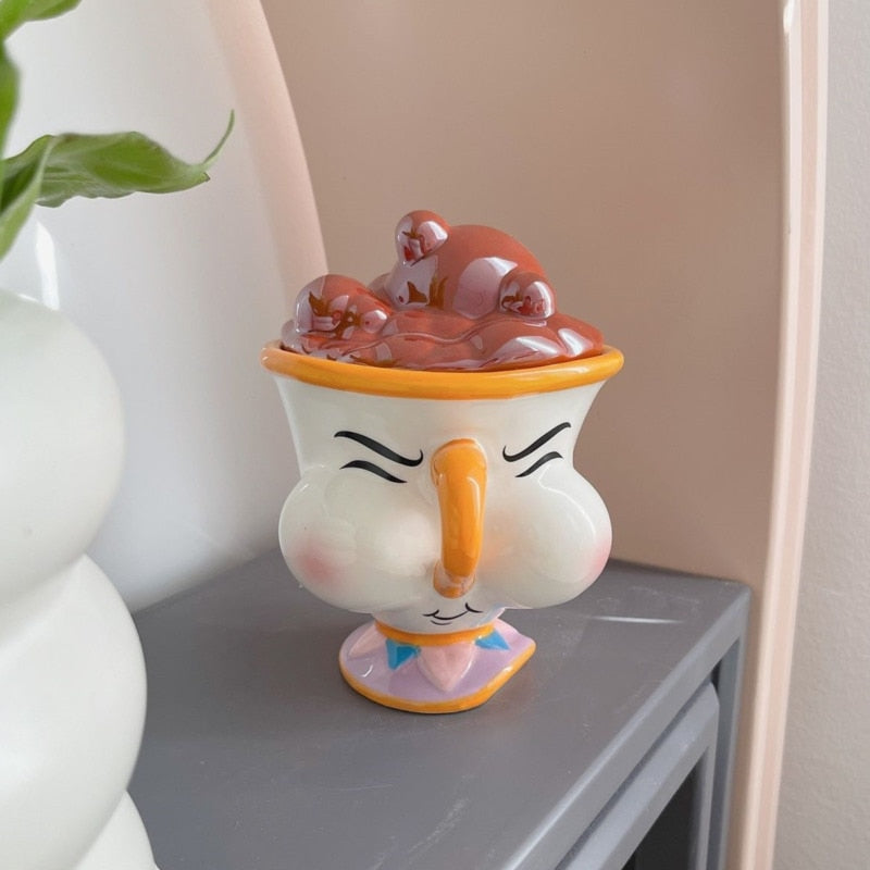 Cartoon Anime Beauty And The Beast Mug Creative 3D Chip Ceramic Cup Large Capacity Kawaii Chip Statue Coffee Mug With Lid Decor