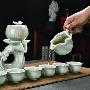 Celadon Lotus Automatic Chinese KUNGFU Tea Set Semi-automatic Office Tea Set Creative Lazy Ceramic Relief High-end Tea Set acacuss