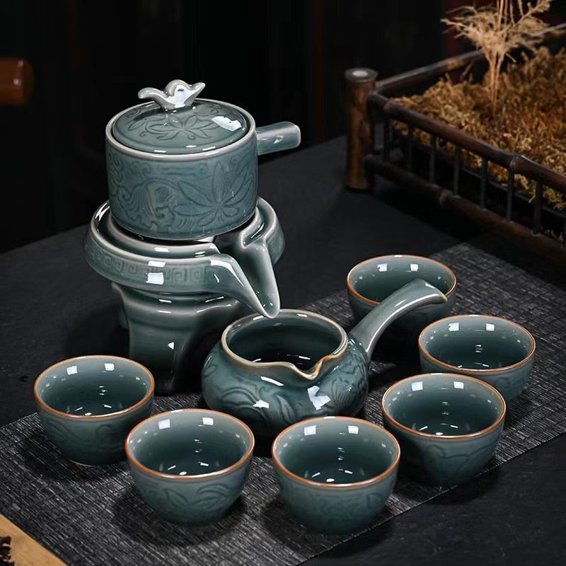 Celadon Lotus Automatic Chinese KUNGFU Tea Set Semi-automatic Office Tea Set Creative Lazy Ceramic Relief High-end Tea Set acacuss