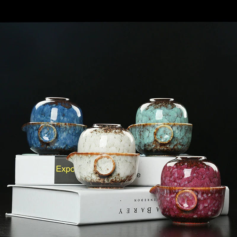 Ceramic Gaiwan Set kuai ke tea set Camping Kung Fu Tea Set 1 Teapot 1 Cup Travel TeaPot Coffee Cup Water Mug Office Kettle Drinkware acacuss