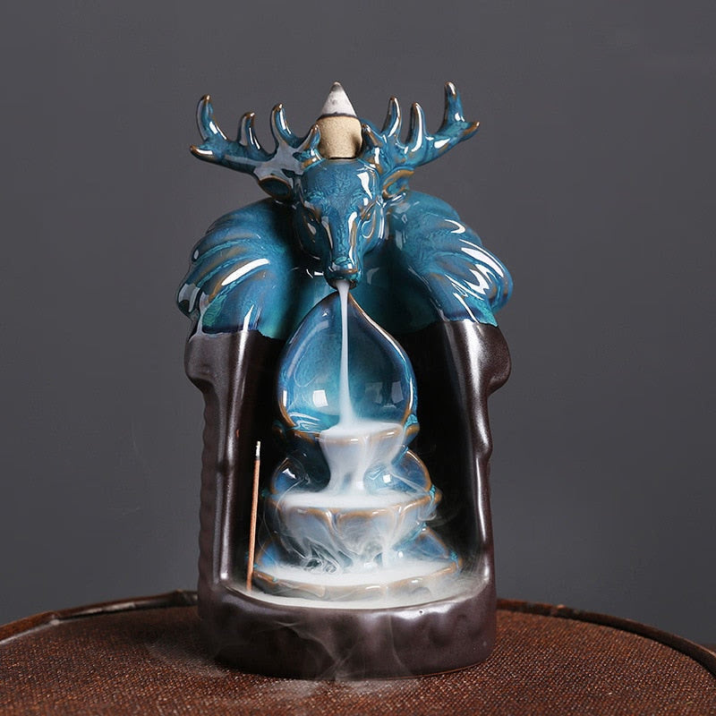 Ceramic Incense Waterfall Modern Blue Deer Head Backflow Incense Burner Home Decoration Ornaments Backflow Incense Burner acacuss