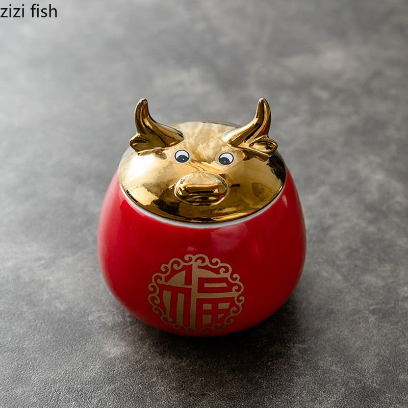 Ceramic Jar Tea Caddy Cow Cover Storage Tank Decorative Jar Tea Box Organize Box Tea Container Tea Caddies Decoration Ornaments acacuss