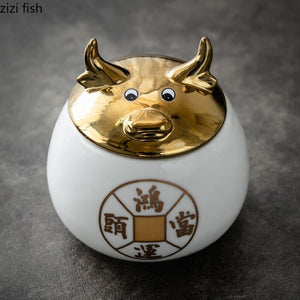 Ceramic Jar Tea Caddy Cow Cover Storage Tank Decorative Jar Tea Box Organize Box Tea Container Tea Caddies Decoration Ornaments acacuss