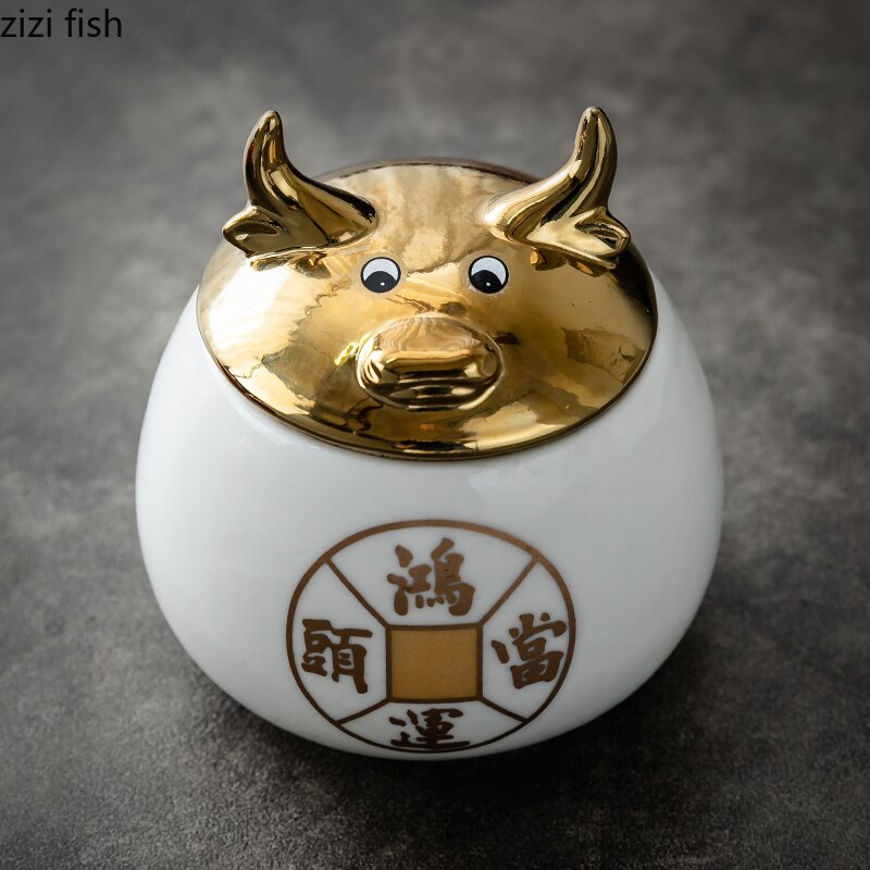 Ceramic Jar Tea Caddy Cow Cover Storage Tank Decorative Jar Tea Box Organize Box Tea Container Tea Caddies Decoration Ornaments acacuss