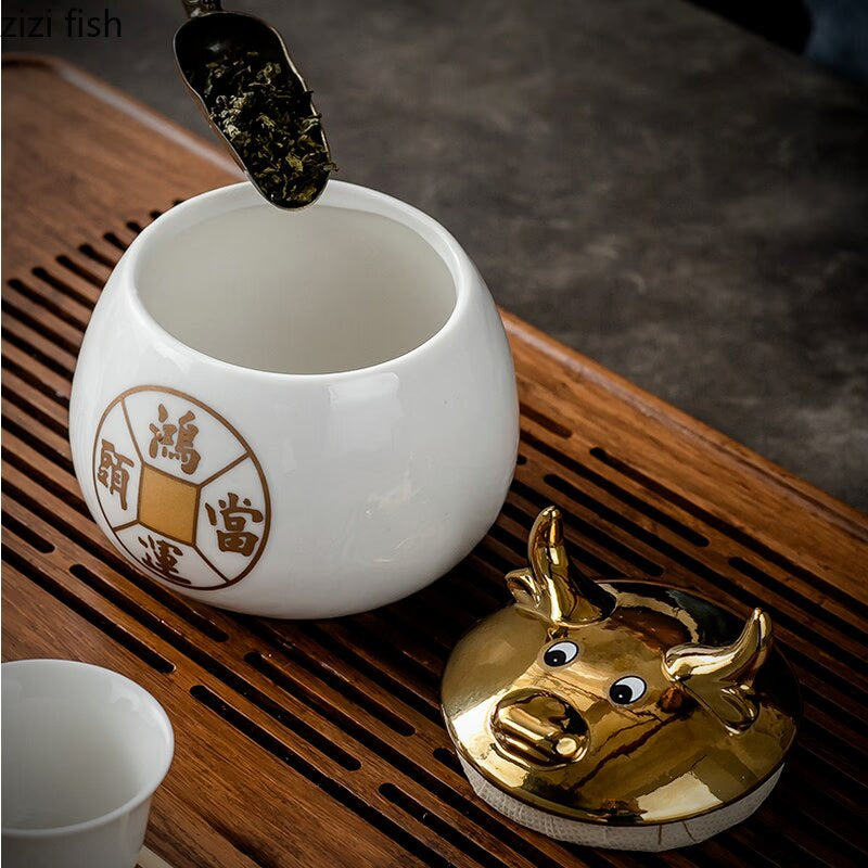 Ceramic Jar Tea Caddy Cow Cover Storage Tank Decorative Jar Tea Box Organize Box Tea Container Tea Caddies Decoration Ornaments acacuss