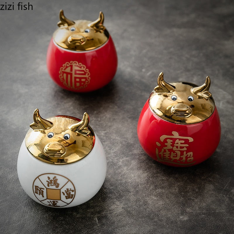 Ceramic Jar Tea Caddy Cow Cover Storage Tank Decorative Jar Tea Box Organize Box Tea Container Tea Caddies Decoration Ornaments acacuss