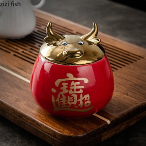 Ceramic Jar Tea Caddy Cow Cover Storage Tank Decorative Jar Tea Box Organize Box Tea Container Tea Caddies Decoration Ornaments acacuss
