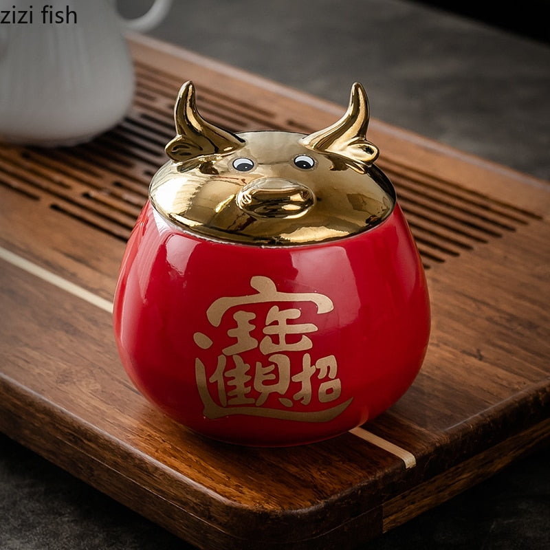 Ceramic Jar Tea Caddy Cow Cover Storage Tank Decorative Jar Tea Box Organize Box Tea Container Tea Caddies Decoration Ornaments acacuss
