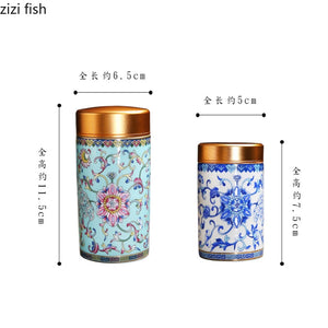Ceramic Jar with Metal Lid Tea Can Sealed Cans Small Storage Tank Portable Tea Caddy Tea Box Candy Jar Tea Organizer Storage Box acacuss