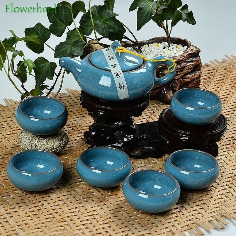 Ceramic Porcelain Kung Fu Tea Set Teaware Tea Cup Set of 6 Tea Pot and Cup Set Purple Clay Colorful Ice Cracked Glaze Tea Set acacuss