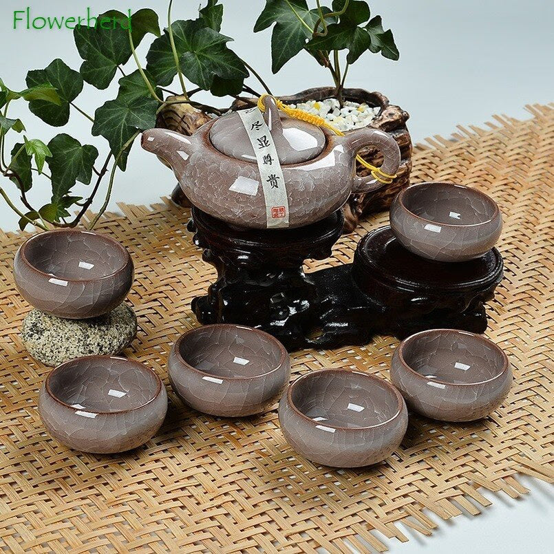 Ceramic Porcelain Kung Fu Tea Set Teaware Tea Cup Set of 6 Tea Pot and Cup Set Purple Clay Colorful Ice Cracked Glaze Tea Set acacuss