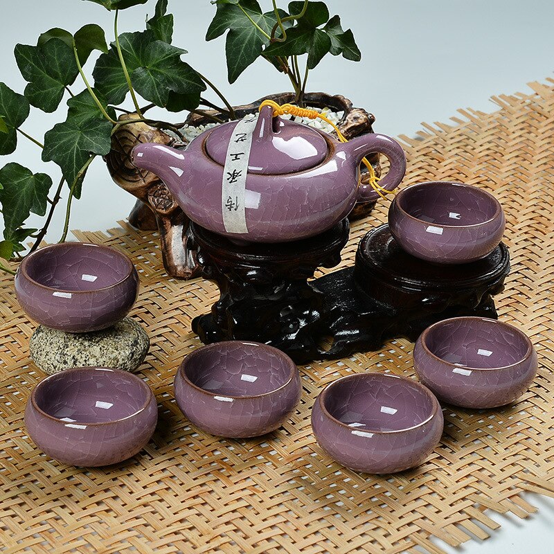 Ceramic Porcelain Kung Fu Tea Set Teaware Tea Cup Set of 6 Tea Pot and Cup Set Purple Clay Colorful Ice Cracked Glaze Tea Set acacuss
