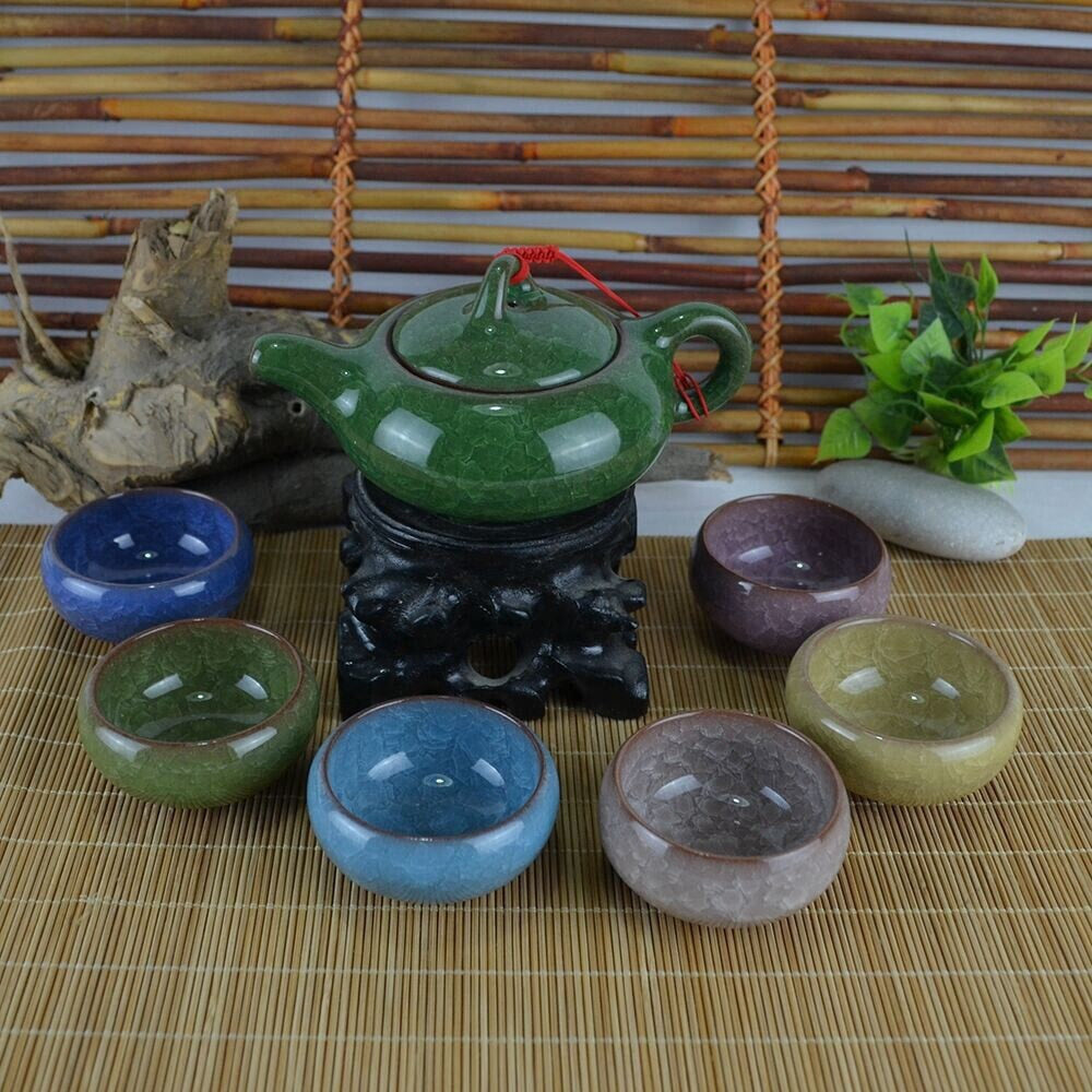 Ceramic Porcelain Kung Fu Tea Set Teaware Tea Cup Set of 6 Tea Pot and Cup Set Purple Clay Colorful Ice Cracked Glaze Tea Set acacuss