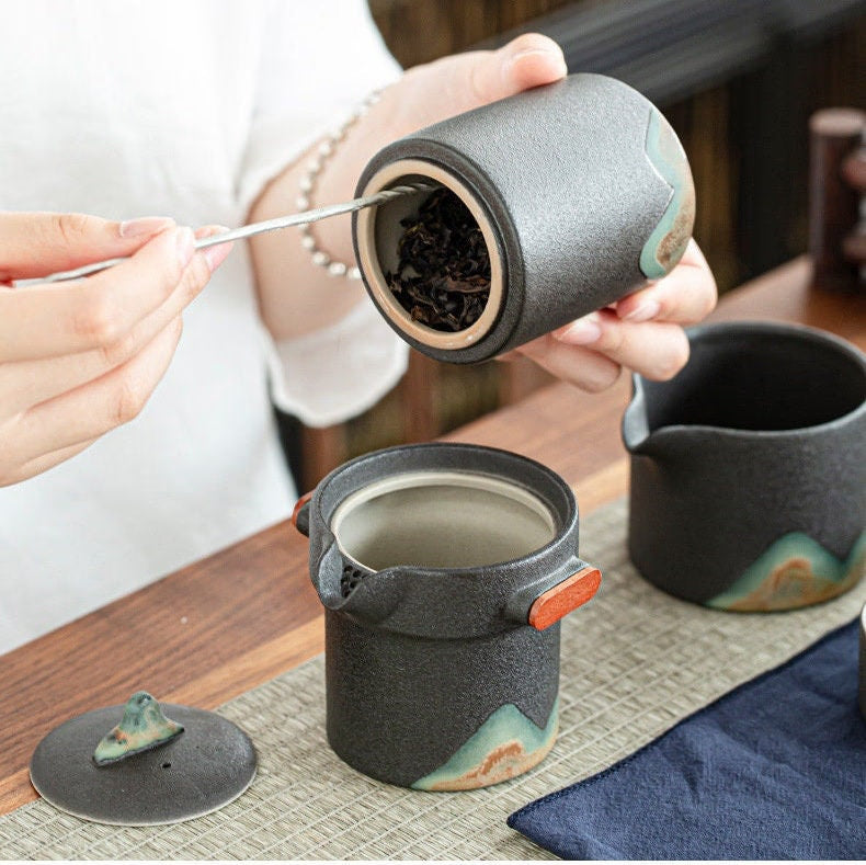 Ceramic Portable Travel Kung Fu Tea Set Home Office Zen Tea Teapot Gift - Travel Teaset with cups and TEA Caddy in Travel Bag acacuss