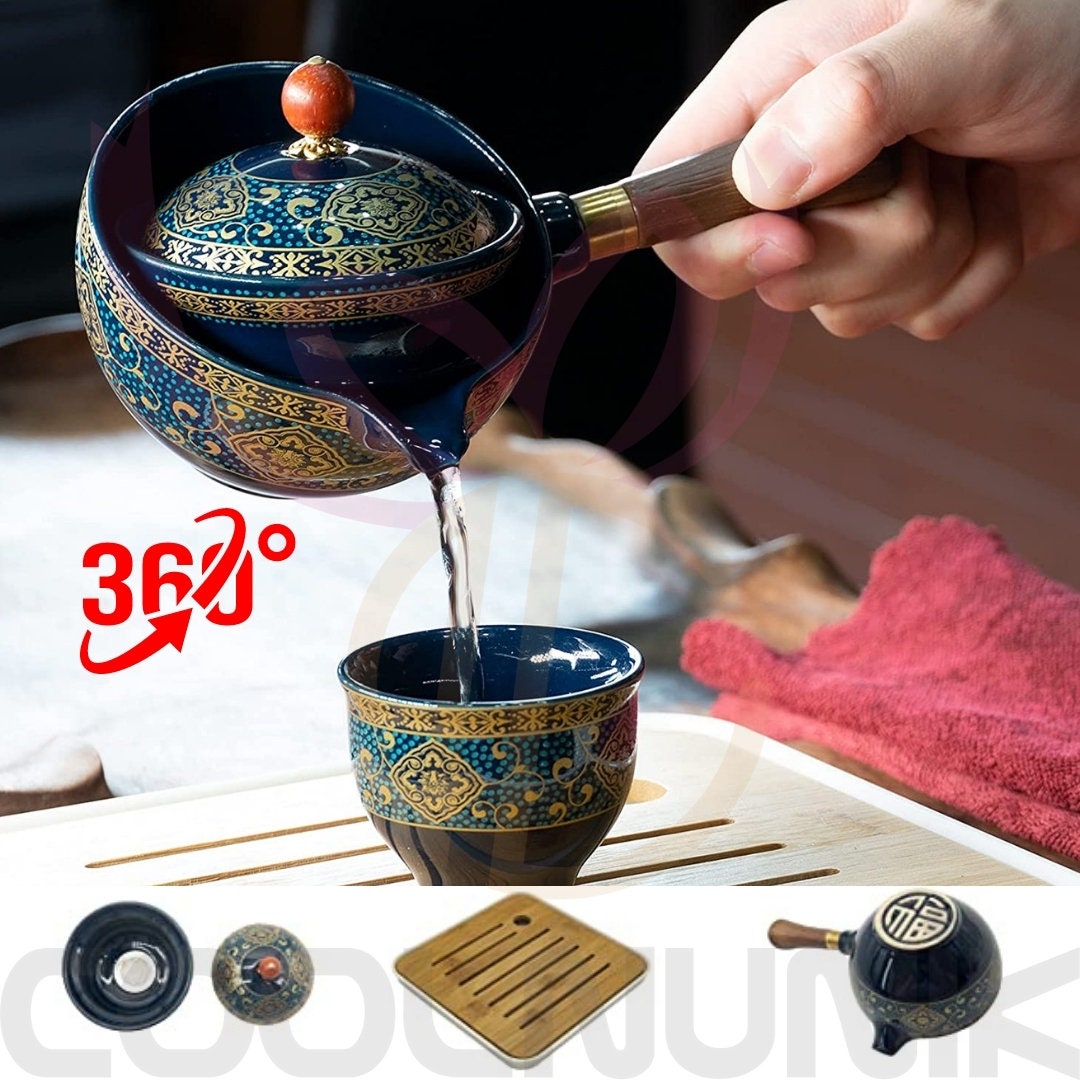 Ceramic Portable Travel Tea Set - Teapot 360 Automatic Spinning - Gift packed acacuss