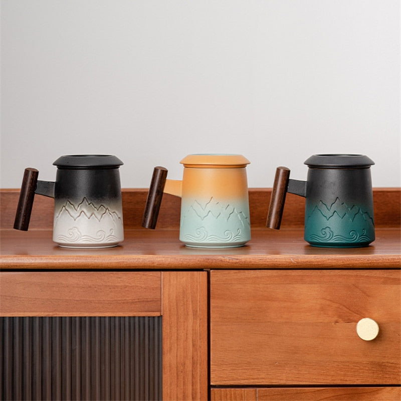 Ceramic Retro Coffee Cup Tea Mug Ceramic Strainer With Cover Cup Business Gift Cups Set For Milk Drinkware acacuss