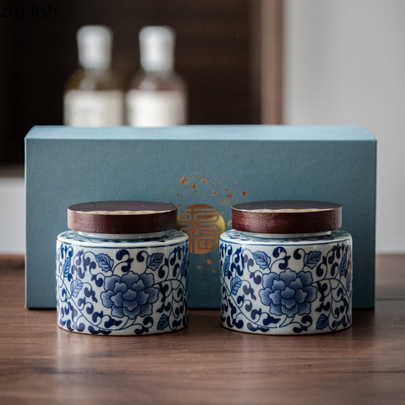 Ceramic Tea Caddy 2 Piece Set Gift Box Wooden Cover Storage Tank Sealed Jar Storage Tank Tea Box Tea Container Candy Jar Tea Can acacuss
