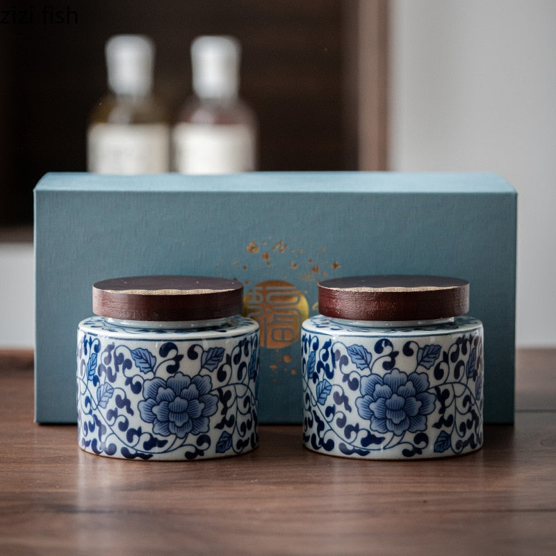 Ceramic Tea Caddy 2 Piece Set Gift Box Wooden Cover Storage Tank Sealed Jar Storage Tank Tea Box Tea Container Candy Jar Tea Can acacuss