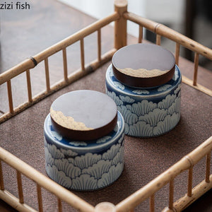 Ceramic Tea Caddy 2 Piece Set Gift Box Wooden Cover Storage Tank Sealed Jar Storage Tank Tea Box Tea Container Candy Jar Tea Can acacuss
