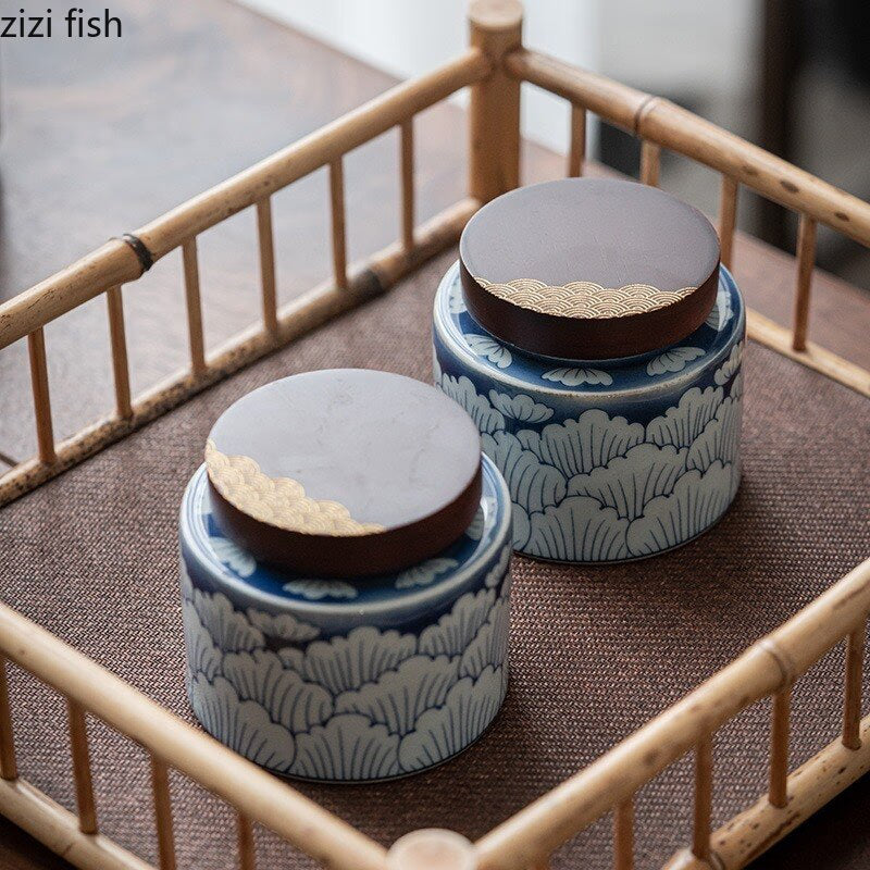 Ceramic Tea Caddy 2 Piece Set Gift Box Wooden Cover Storage Tank Sealed Jar Storage Tank Tea Box Tea Container Candy Jar Tea Can acacuss