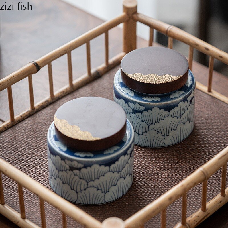 Ceramic Tea Caddy 2 Piece Set Gift Box Wooden Cover Storage Tank Sealed Jar Storage Tank Tea Box Tea Container Candy Jar Tea Can acacuss