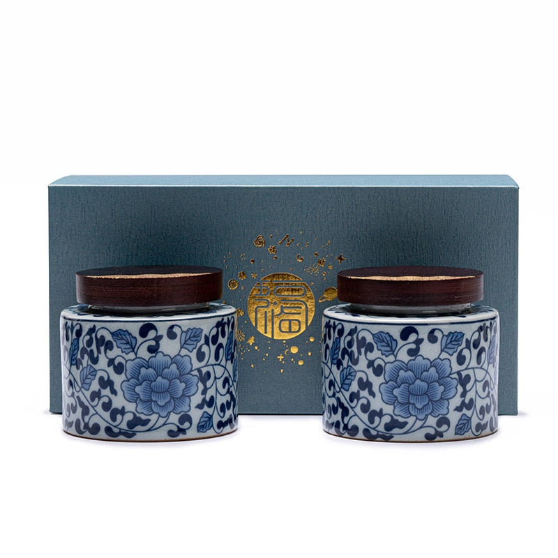 Ceramic Tea Caddy 2 Piece Set Gift Box Wooden Cover Storage Tank Sealed Jar Storage Tank Tea Box Tea Container Candy Jar Tea Can acacuss