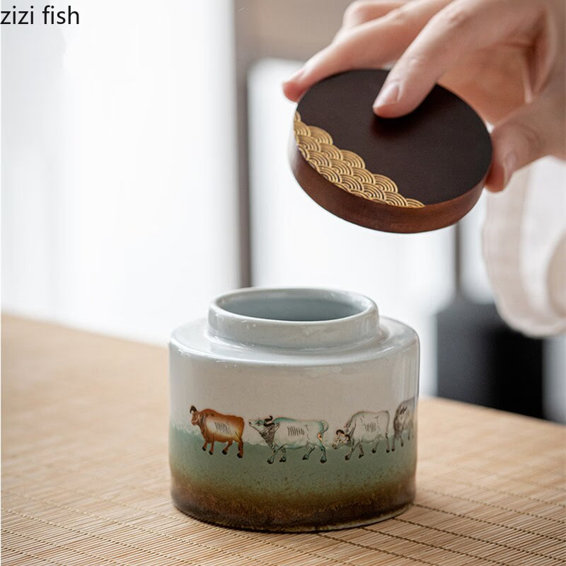 Ceramic Tea Caddy 2 Piece Set Gift Box Wooden Cover Storage Tank Sealed Jar Storage Tank Tea Box Tea Container Candy Jar Tea Can acacuss