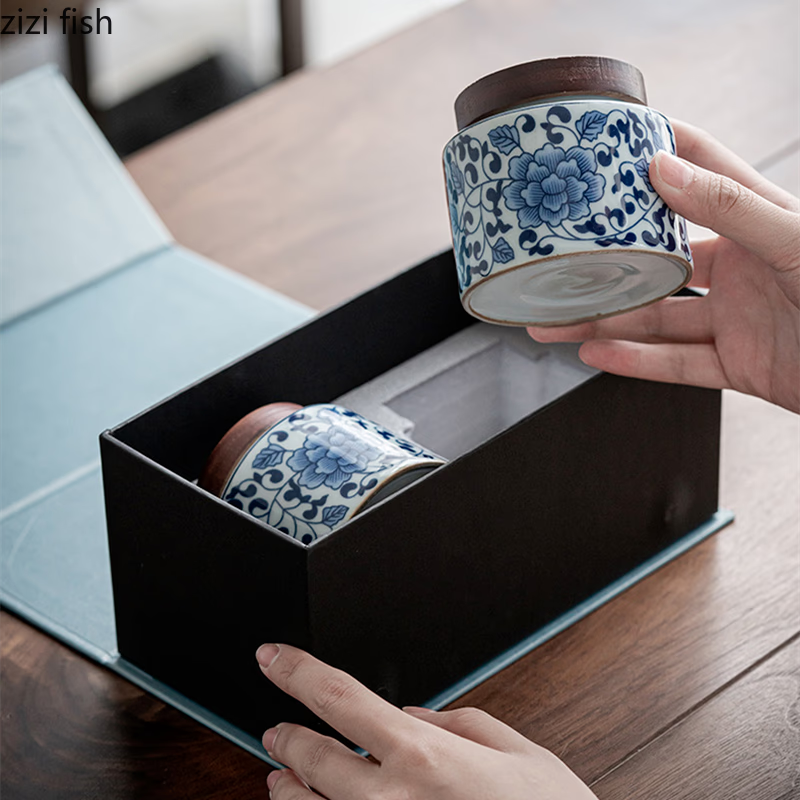 Ceramic Tea Caddy 2 Piece Set Gift Box Wooden Cover Storage Tank Sealed Jar Storage Tank Tea Box Tea Container Candy Jar Tea Can acacuss