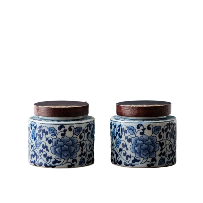Ceramic Tea Caddy 2 Piece Set Gift Box Wooden Cover Storage Tank Sealed Jar Storage Tank Tea Box Tea Container Candy Jar Tea Can acacuss