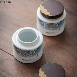 Ceramic Tea Caddy 2 Piece Set Gift Box Wooden Cover Storage Tank Sealed Jar Storage Tank Tea Box Tea Container Candy Jar Tea Can acacuss
