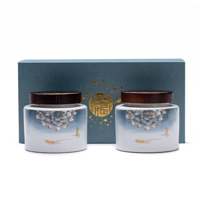 Ceramic Tea Caddy 2 Piece Set Gift Box Wooden Cover Storage Tank Sealed Jar Storage Tank Tea Box Tea Container Candy Jar Tea Can acacuss