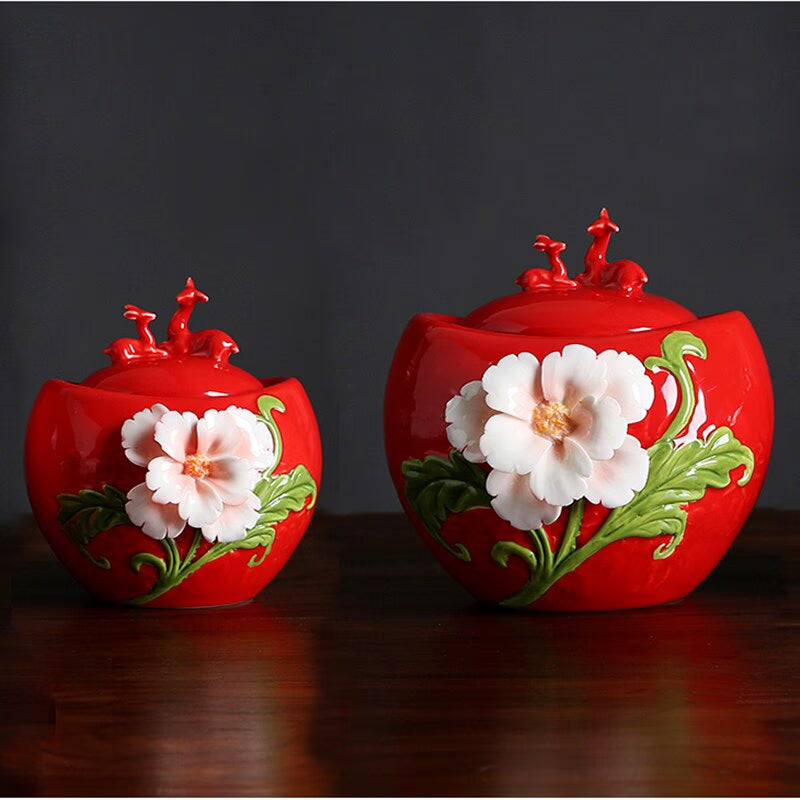 Ceramic Tea Caddy Deer Cover Gourd Shaped Tea Tin Decorative Jar Sealed Jar Home Storage Tank Tea Box Candy Jars Tea Container acacuss