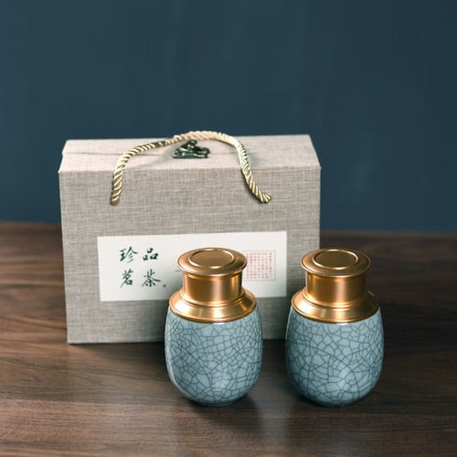 Ceramic Tea Caddy Metal Cover Sealed Jar Tea Box with Gift Box Tea Container Tea Organizer Candy Jar Storage Tank Storage Box acacuss
