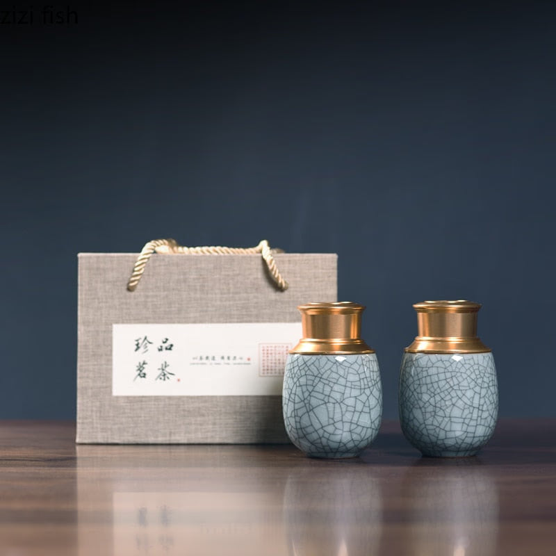 Ceramic Tea Caddy Metal Cover Sealed Jar Tea Box with Gift Box Tea Container Tea Organizer Candy Jar Storage Tank Storage Box acacuss