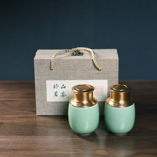 Ceramic Tea Caddy Metal Cover Sealed Jar Tea Box with Gift Box Tea Container Tea Organizer Candy Jar Storage Tank Storage Box acacuss