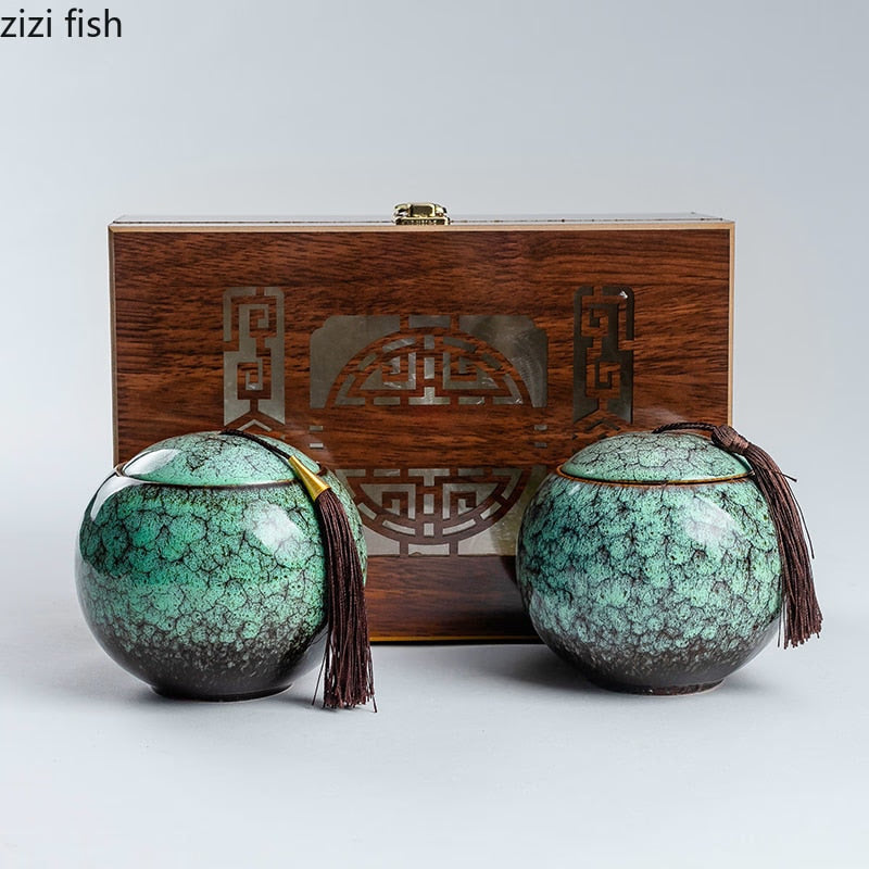 Ceramic Tea Caddy Storage Tank Tea Organizer Sealed Jar Candy Jar Food Container Decorative Jar Tea Box 2-piece Set Gift Box acacuss