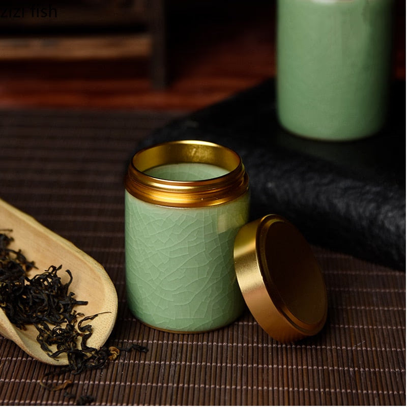 Ceramic Tea Caddy with Metal Lid Travel Tea Can Convenient Small Tea Box Tea Container Storage Tank Tea Organizer Candy Jar acacuss