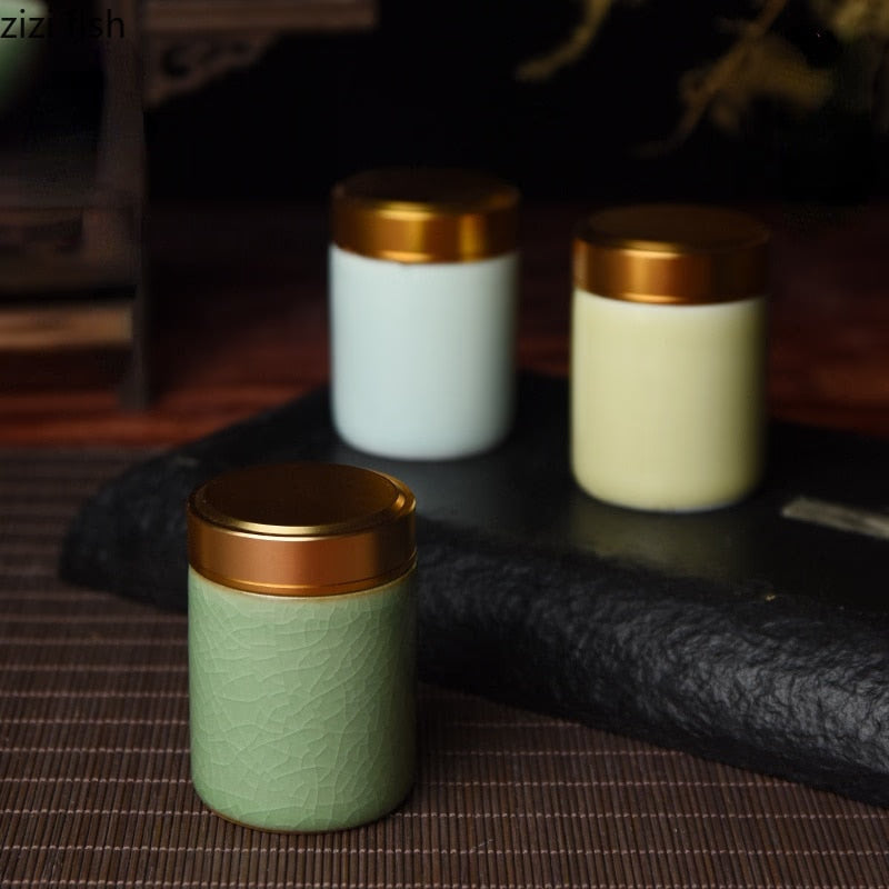 Ceramic Tea Caddy with Metal Lid Travel Tea Can Convenient Small Tea Box Tea Container Storage Tank Tea Organizer Candy Jar acacuss
