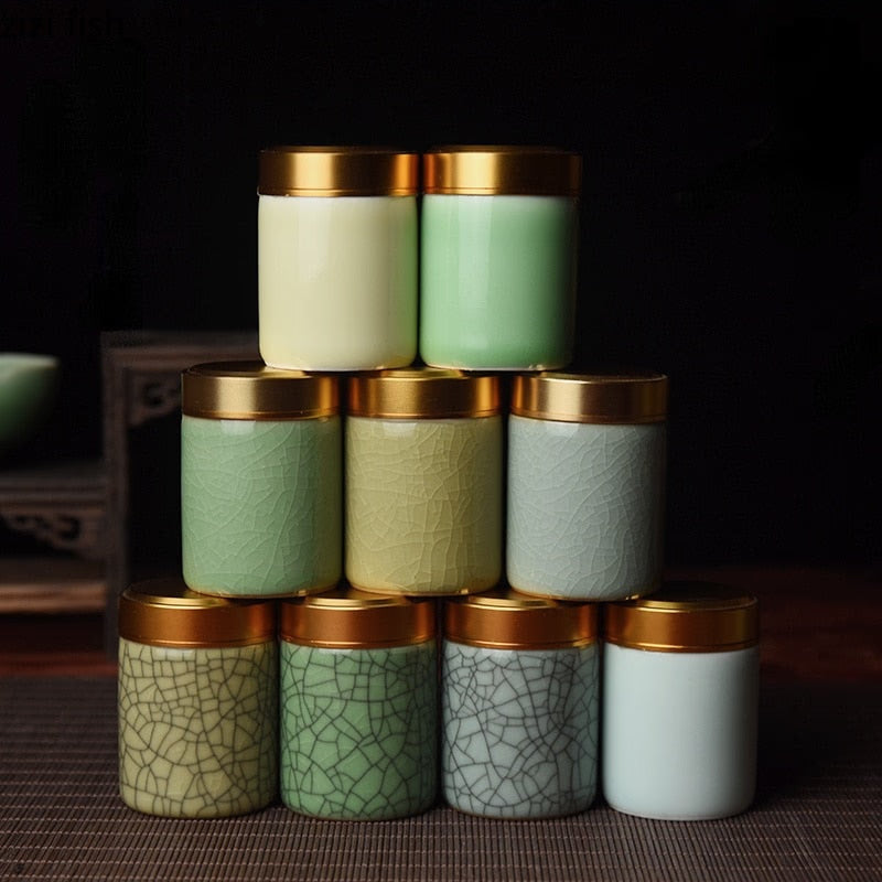 Ceramic Tea Caddy with Metal Lid Travel Tea Can Convenient Small Tea Box Tea Container Storage Tank Tea Organizer Candy Jar acacuss