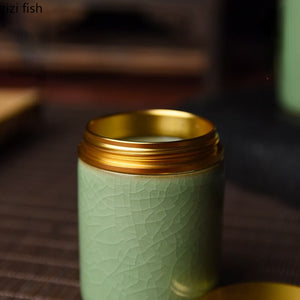 Ceramic Tea Caddy with Metal Lid Travel Tea Can Convenient Small Tea Box Tea Container Storage Tank Tea Organizer Candy Jar acacuss