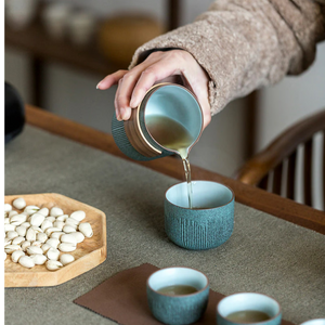 Ceramic Travel Portable Tea set  | Bluestone Glaze Striped Quick Guest Cup  |  Four Cups Ceramic  |  Travel Portable Tea Set Outdoor acacuss
