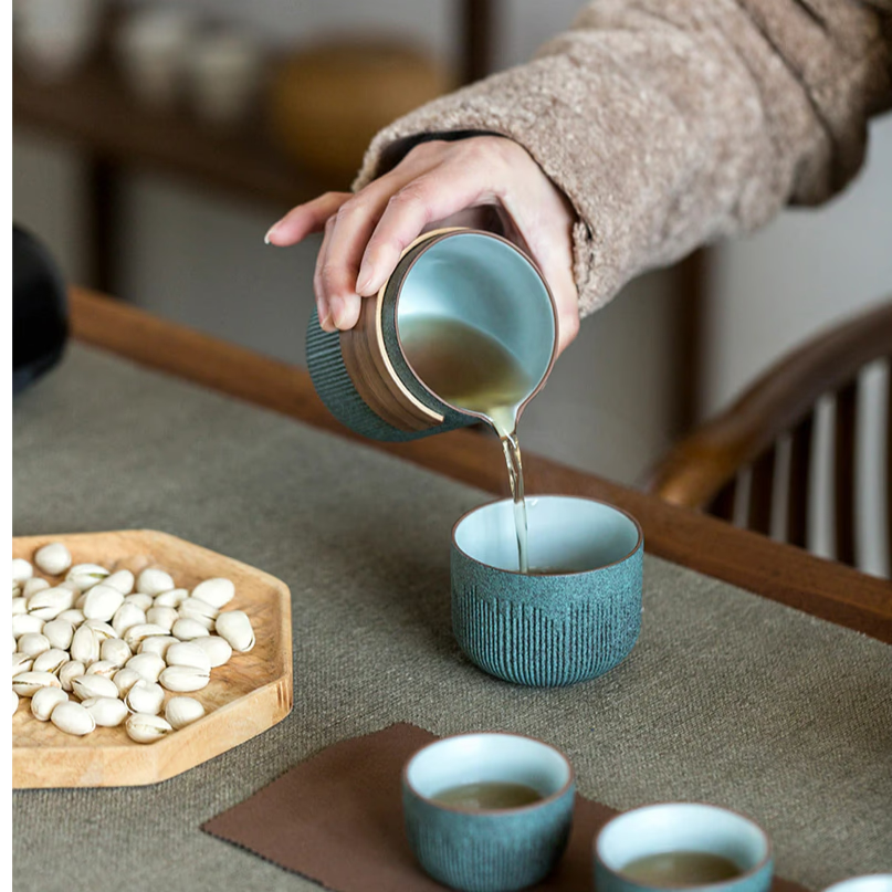 Ceramic Travel Portable Tea set  | Bluestone Glaze Striped Quick Guest Cup  |  Four Cups Ceramic  |  Travel Portable Tea Set Outdoor acacuss