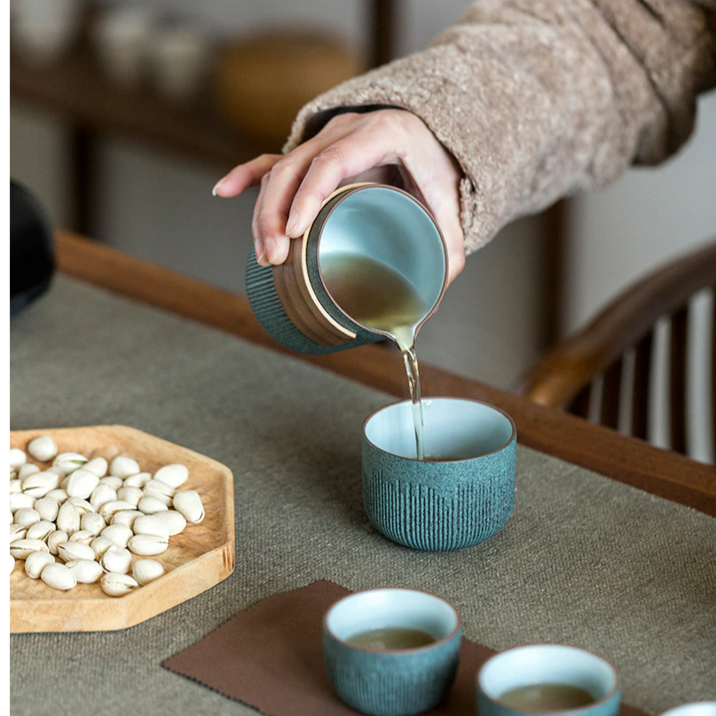 Ceramic Travel Portable Tea set  | Bluestone Glaze Striped Quick Guest Cup  |  Four Cups Ceramic  |  Travel Portable Tea Set Outdoor acacuss