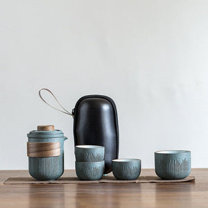 Ceramic Travel Portable Tea set  | Bluestone Glaze Striped Quick Guest Cup  |  Four Cups Ceramic  |  Travel Portable Tea Set Outdoor acacuss