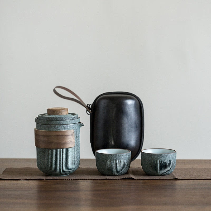 Ceramic Travel Portable Tea set  | Bluestone Glaze Striped Quick Guest Cup  |  Four Cups Ceramic  |  Travel Portable Tea Set Outdoor acacuss