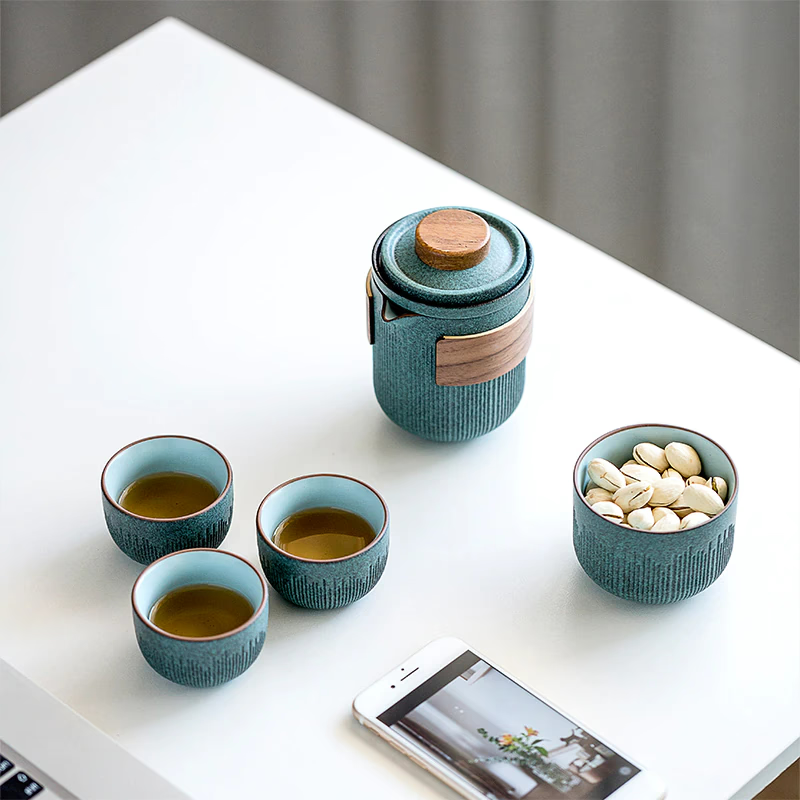 Ceramic Travel Portable Tea set  | Bluestone Glaze Striped Quick Guest Cup  |  Four Cups Ceramic  |  Travel Portable Tea Set Outdoor acacuss