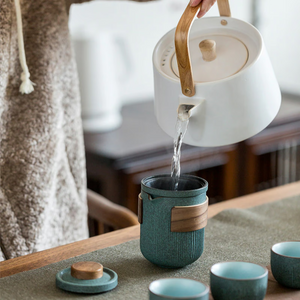 Ceramic Travel Portable Tea set  | Bluestone Glaze Striped Quick Guest Cup  |  Four Cups Ceramic  |  Travel Portable Tea Set Outdoor acacuss